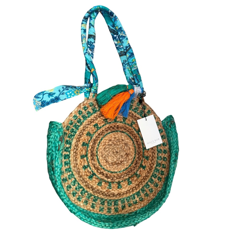Hale Bob Round Circular Jute Natural Fiber Boho Green Blue Tote Bag Tassel NWT